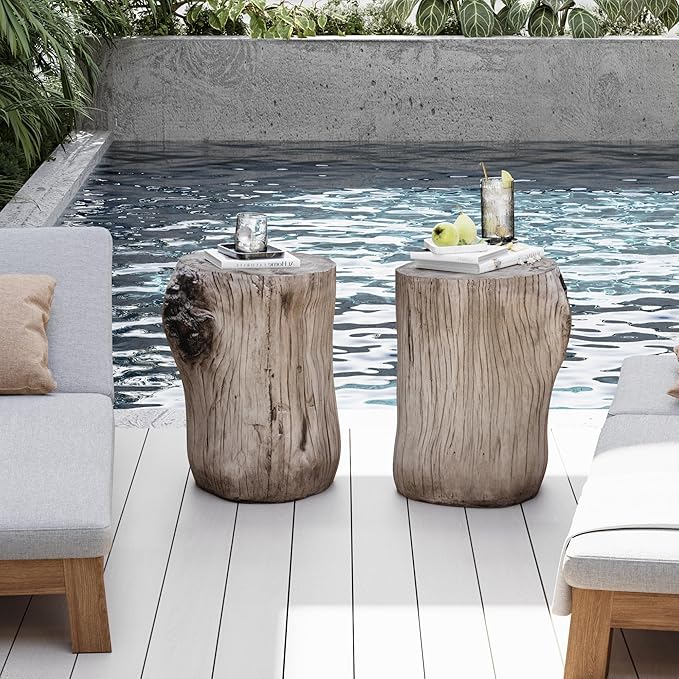 COSIEST 2 Pieses Outdoor Side Table, Hand-Painted Wood Stump Side Table Set of 2, Faux Wood Stool, Ottomans, Plant Stand, Deck or Garden (Grey)