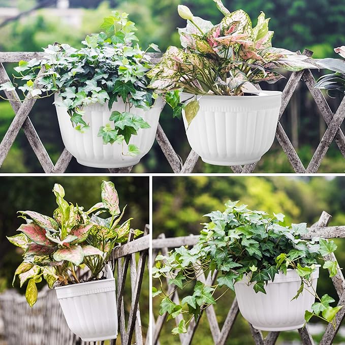 ORIMERC 8 Pack White Wall Hanging Planters Pots for Indoor Plants Wall Plants Holder with Drainage Hole Balcony Planters Railing Hanging Pot Fence Vertical Living Mount Outdoor with Hooks/Screws