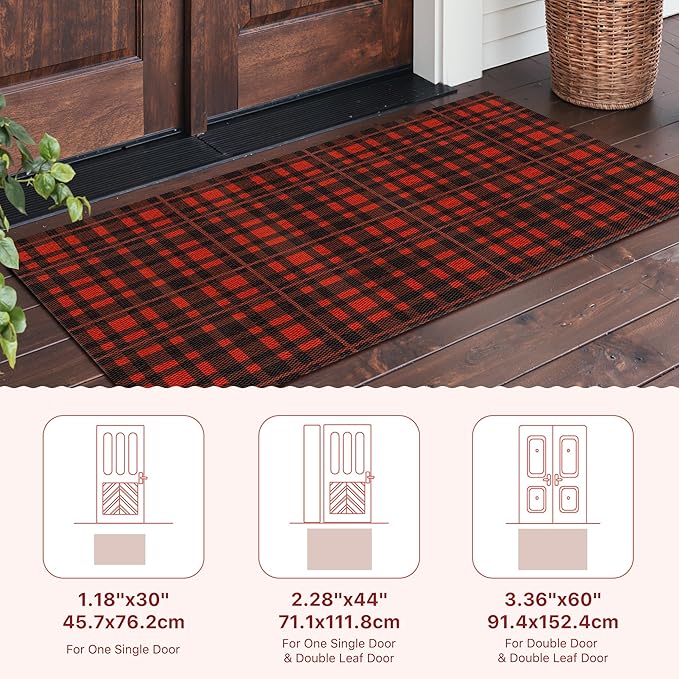 GENIMO Door Mat 18X30 Inch Buffalo Plaid Christmas Decor Rug Outdoor Geometric Checked Rugs, Washable Carpet for Front Porch, Kitchen, Farmhouse, Entryway Low Pile Doormat Black and Red