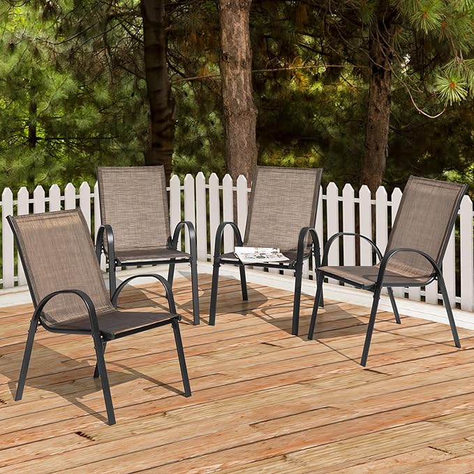 NUU GARDEN Set of 4 Patio Dining Chairs Outdoor Stackable Chairs with High Back All Weather Textilene Seats Metal Frame Breathable Garden Chairs for Deck Backyard Brown