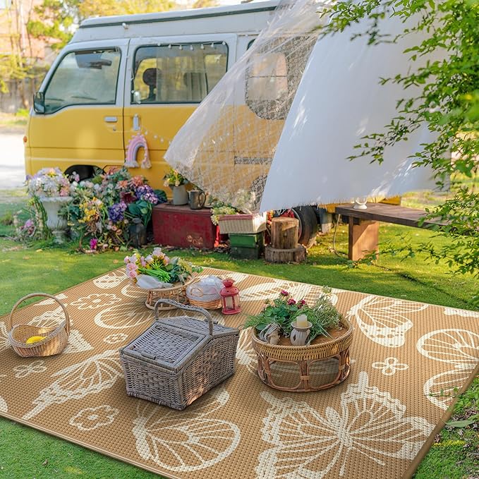 GENIMO Outdoor Rug 6' x 9' Waterproof for Patio Clearance, Reversible Plastic Straw Camping Carpet, Lightweight Mats for Rv, Camper, Deck, Porch, Picnic, Beach, Balcony, G.Brown & Beige