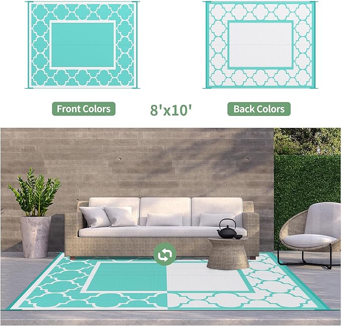 GENIMO 8 ' x 10 ' Outdoor Rug for Patio Clearance, Waterproof Indoor Outdoor Plastic Straw Rugs Carpet, Reversible Outside Area Mat for Camping, Balcony Porch, Deck, Picnic, Beach Aqua Blue & White
