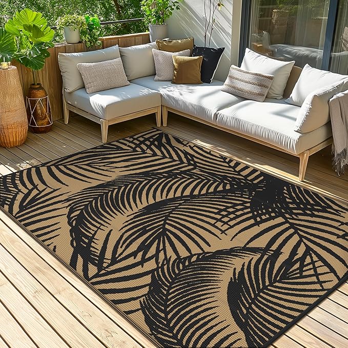 GENIMO Outdoor Rug 9' x 12' Waterproof for Patio Clearance, Reversible Plastic Straw Camping Carpet, Lightweight Mats for Rv, Backyard, Deck, Porch, Picnic, Beach, Balcony, Black & Brown