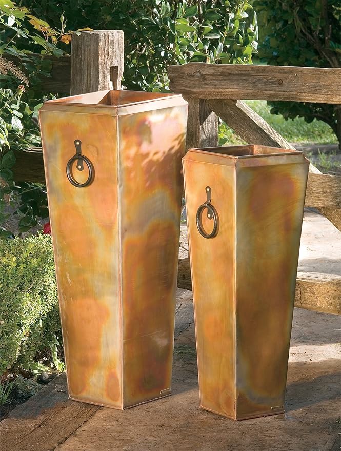 H Potter Tall Copper Planters Set of 2 – Rustic Copper Hammered Stainless Steel Indoor Outdoor Planter with Insert & Drainage – Large Decorative Floor Planters for Entryway Porch Patio