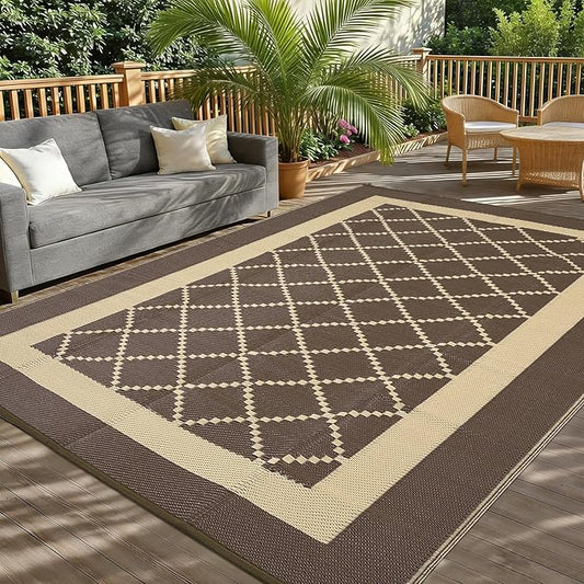 Waterproof Outdoor Rug 8x10 Reversible Plastic Straw Rug Modern Geometric Large Floor Carpet Lightweight Foldable Camping Mat for Outdoors RV Patio Backyard Picnic Brown/Coffee