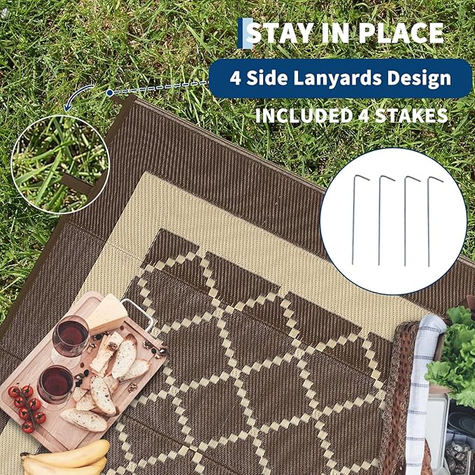 Outdoor Patio Rug 9x18 Waterproof Plastic Reversible Rug Modern UV Resistant Foldable Camping Mat Contemporary Geometric Outdoor Floor Mat for RV Backyard Deck Brown/Coffe