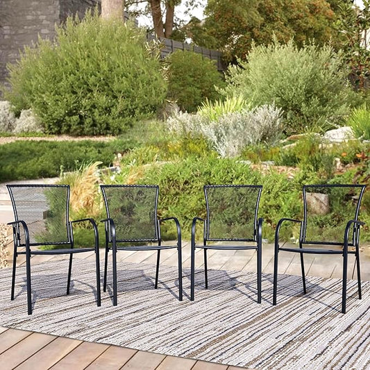 Patio Dining Chairs Set of 4, Black Stackable Outdoor Dining Chairs, Metal Mesh Patio Furniture Set for Garden Backyard Lawn Deck Support Over 300 lbs