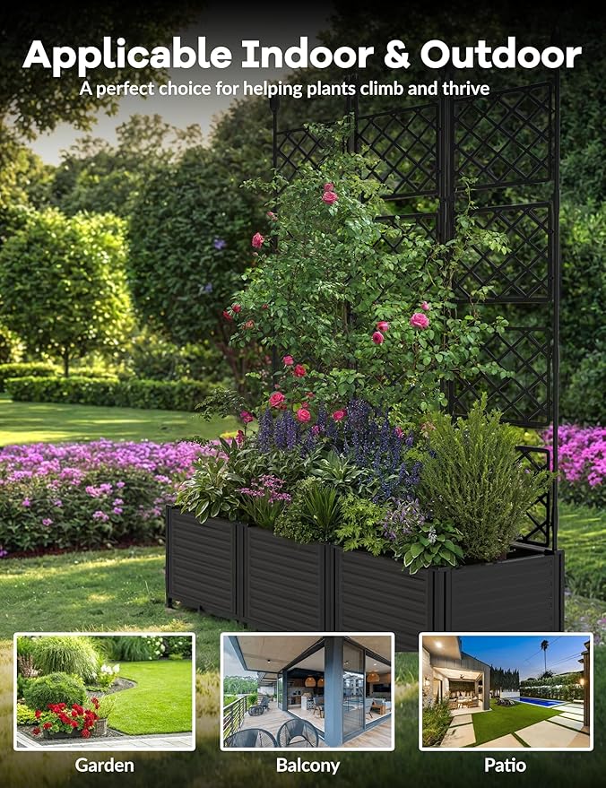 3 PCS Raised Garden Bed with Trellis, 48"LX16"WX63"H Plastic Planter Box for Climbing Plants, Outdoor Vertical Garden with Privacy Screen for Patio, Balcony, Backyard – Sturdy & Lightweight