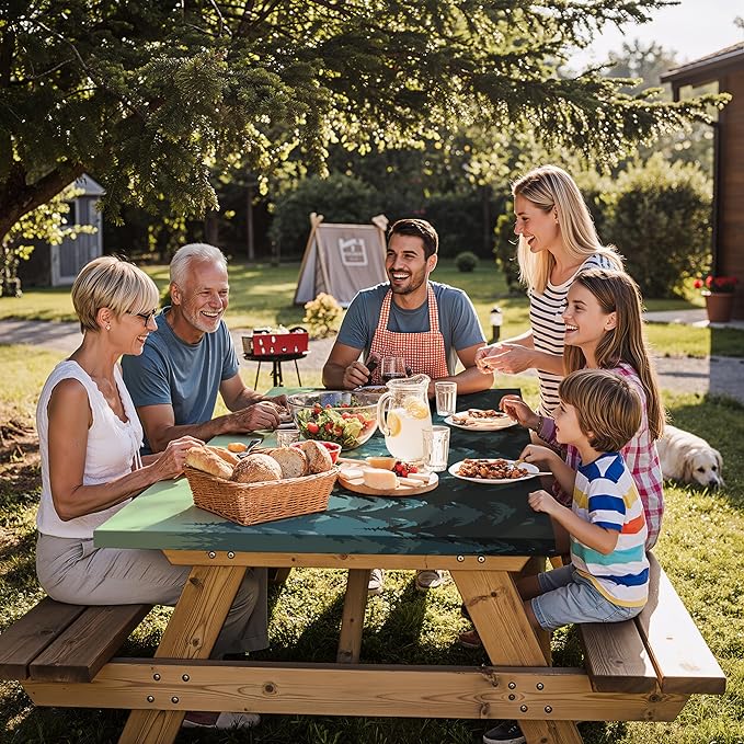 Fitted Waterproof Picnic Table Cover with Bench Covers Elastic Edges Camping Tablecloth for 6 Foot Rectangle Tables Camp Cooking Motorhome Hiking Equipment Car Rv Travel Trailer Needs Gifts