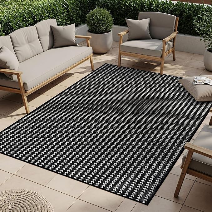 Washable Outdoor Rug 9x12 Modern Area Rugs Outdoor Carpets Striped Pattern Non Shedding Waterproof Easy Clean Patio Deck Porch Living Room Bedroom Garden RV (9 X 12 Black)