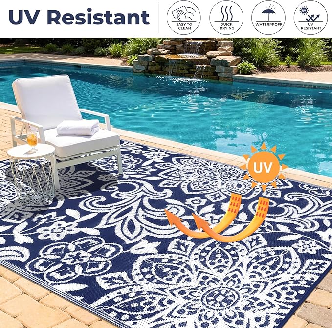 Findosom Waterproof Outdoor Rug 5' x 8' - Reversible Mandala Outdoor Plastic Straw Rug, Durable Foldable Patio Rug for RV, Deck, Balcony, Backyard, Picnic, Porch, Camping, Beach, Navy