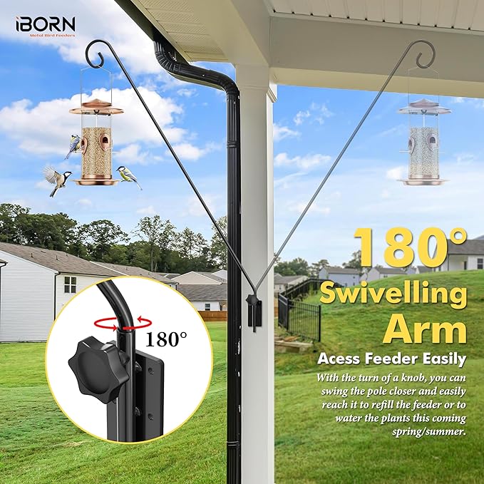 iBorn Wall Mount Deck Hook, 40" Squirrel Proof Bird Feeder Pole, Heavy Duty Extended Reach Wall Mounted Deck Hook Wall Pole, 180° Rotatable Arm, Solid Wire, Pack of 2
