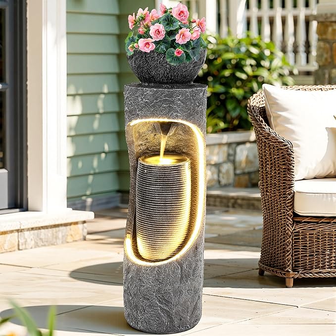 40" Tall Outdoor Water Fountain, Dual-Layer Column Garden Fountain with Bird Feeder, Resin Soothing Cascading Waterfall Foutain for Patio, Backyard, Garden or Porch Decor