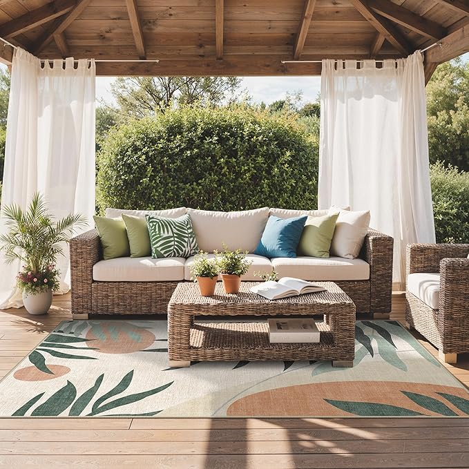 GENIMO Outdoor & Indoor Area Rug 9'x12', Waterproof, Non-Shedding, Easy Cleaning, Leaf Mat for Patio, Living Room, Balcony, Dining Room, RV, Deck, Bedroom, Camping, Outside Carpet, Beige Grey