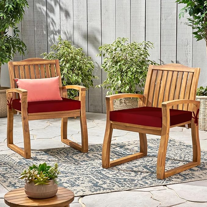 Waterproof Outdoor Chair Cushions Set of 2, Square Outdoor Seat Cushions with Ties and Removable Covers, 19 x 19 Outdoor Cushions for Patio Furniture with Portable Handle(Burgundy)