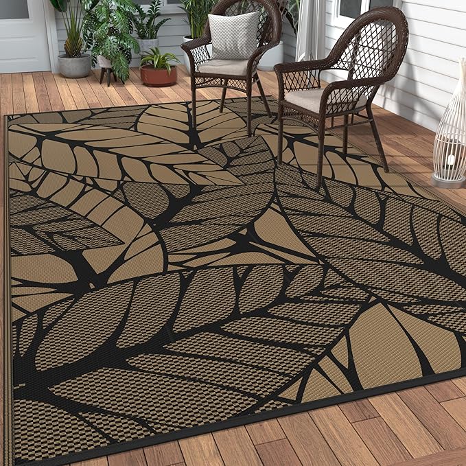 GENIMO Outdoor Rug 6' x 9' Waterproof for Patio Clearance, Reversible Plastic Straw Camping Carpet, Lightweight Mat for Rv, Camper, Deck, Porch, Picnic, Balcony, Beach, F.Black & Brown