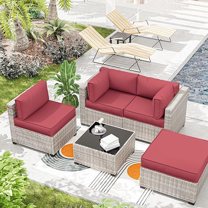 Outdoor Cushions for Patio Furniture with 5 Pillows, Waterproof Patio Furniture Cushions Replacement, 4" Deep Seat Outdoor Sectional Cushions for 4-seat Patio Furniture Chair Sofa Couch,Fuchsiared