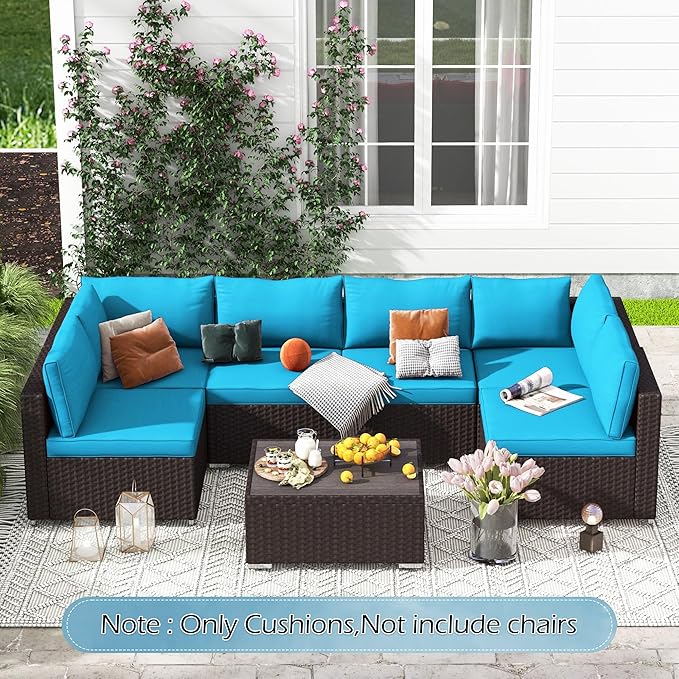 HOMREST Outdoor Replacement Cushions for Patio Furniture,Water-Repellent Sofa Cushion for 6-Seat Rattan Wicker Sectional Patio Conversation Sets,14-Piece Cushions Set for Outdoor Couch（Lake Blue）