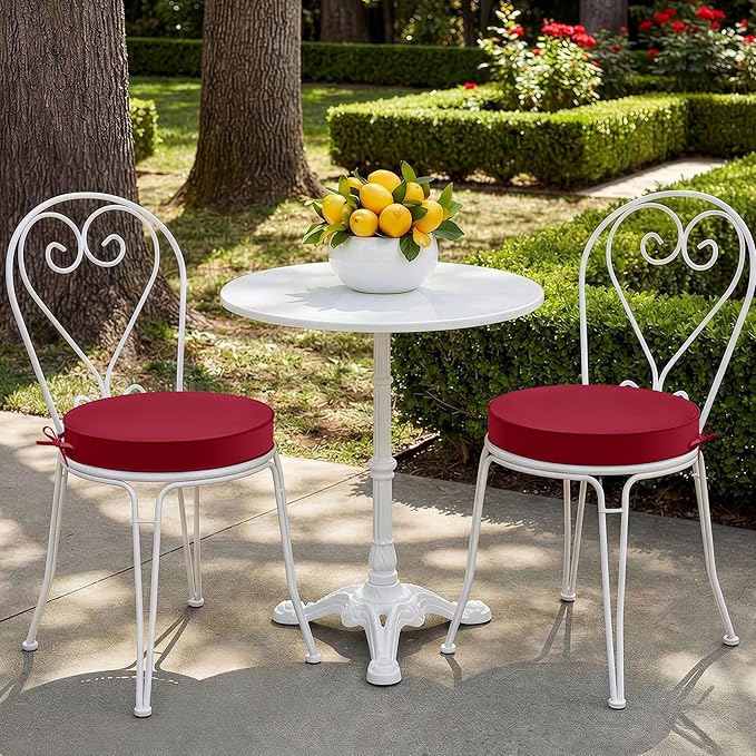 Outdoor Bistro Chair Cushions Set of 2, 15" D x 3" H Round Chair Cushions Waterproof and Fade Resistant Chair Cushion Pads with Non-Slip Ties and Removable Covers for Garden, Burgundy