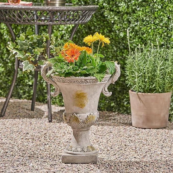 Christopher Knight Home Jorine Patio Planter, Light Concrete Planter, Mid-Centry Gadern Urn, Floral Relif Design Plant Pot, Large Garden Pot, Flower Urn with Drainage Hole for Backyard Home, Gray