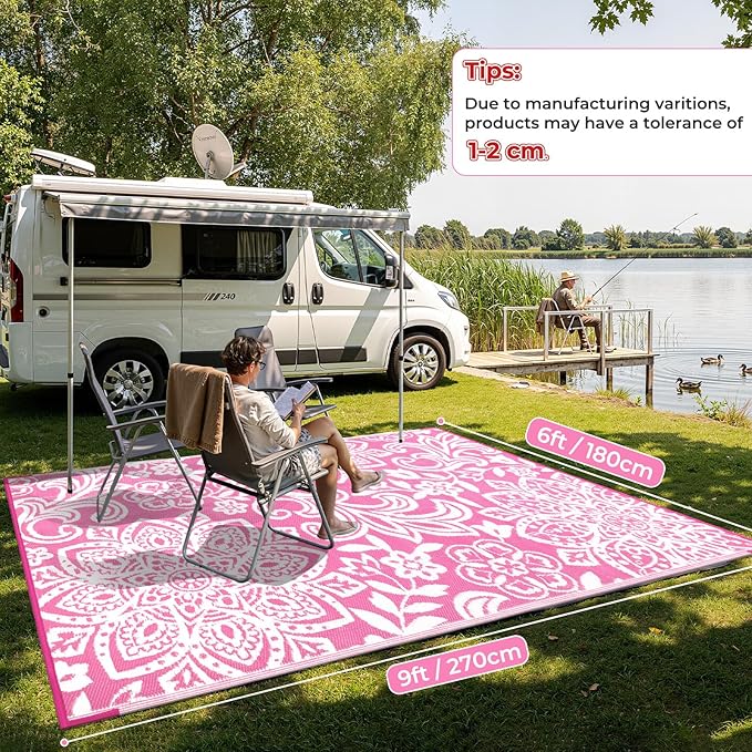 Findosom Waterproof Outdoor Rug 6' x 9' - Reversible Mandala Outdoor Plastic Straw Rug, Durable Foldable Patio Rug for RV, Deck, Balcony, Backyard, Picnic, Porch, Camping, Beach, Pink