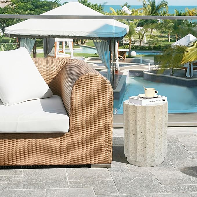 LuxenHome Outdoor Side Table, 18 Inch Cement End Tables for Patio, Garden Small Accent Decorative Stool, Tree Stump Stool Plant Stand Drum Table