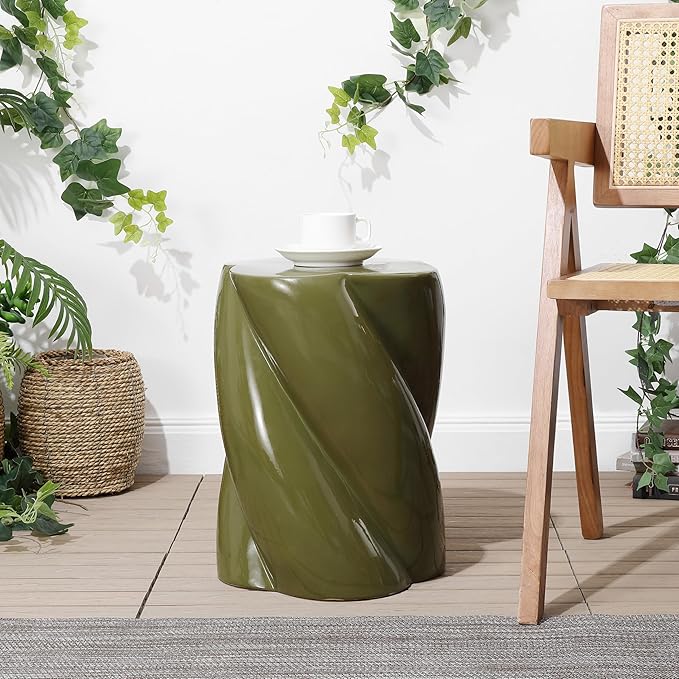 JONATHAN Y TBL1036D Yves 18" Modern Minimalist Rope Twist Ceramic Indoor/Outdoor Garden Stool, Bohemian, Coastal, Cottage, Traditional, Spill-Proof, Living Room, Garden Room, Patio, Forest Green