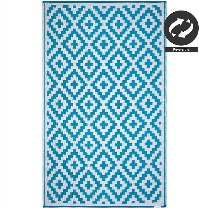 FH Home Outdoor Rug - Waterproof, Fade Resistant, Reversible - Premium Recycled Plastic - Geometric - Patio, Porch, Deck, Balcony - Aztec - Teal & White Crease Free - 5 x 8 ft