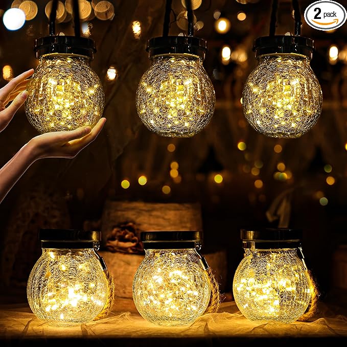 Cooo 2 Pack Valentines Day Gifts for Him Her Solar Lanterns Waterproof Outdoor Heavy Crackle Glass 30 LED Warm Firefly Lights Solar for Women Mom Grandma Outdoor Table Lamps Garden Yard Decor