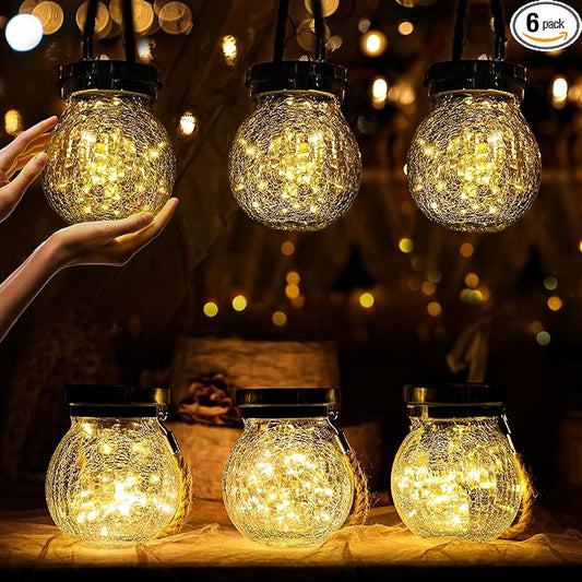 Cooo 6 Pack Valentines Day Gifts for Him Her Solar Lanterns Waterproof Outdoor Heavy Crackle Glass 30 LED Warm Firefly Lights Solar for Women Mom Grandma Outdoor Table Lamps Garden Yard Decor
