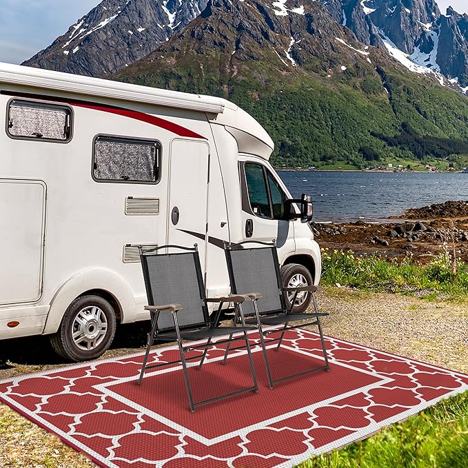 GENIMO 6' x 9' Outdoor Rug Waterproof for Patio Decor, Foldable Reversible Plastic Straw Area Rugs Mat for Camper, Outside Carpet for Rv, Deck, Porch, Picnic, Beach, Balcony, Red & White
