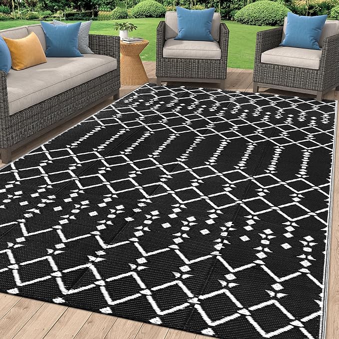 Smiry Outdoor Rug 8x10 ft, Waterproof Reversible Plastic Straw Rugs, Boho Outdoor Area Rug, Outside Floor Mat for Patio, Backyard, Deck, Picnic, Beach, Camping, Black