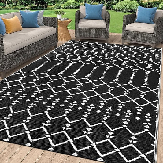 Smiry Outdoor Rug 8x10 ft, Waterproof Reversible Plastic Straw Rugs, Boho Outdoor Area Rug, Outside Floor Mat for Patio, Backyard, Deck, Picnic, Beach, Camping, Black