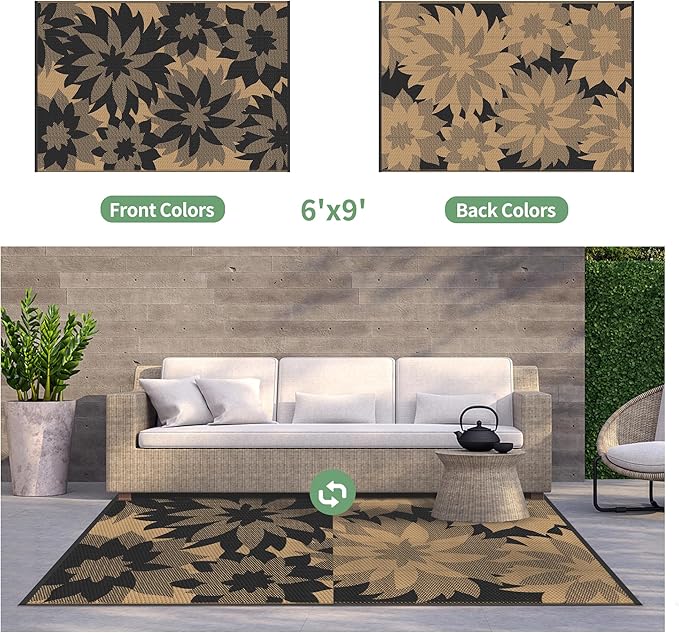 GENIMO Outdoor Rug 6' x 9' Waterproof for Patio Clearance, Reversible Plastic Straw Camping Mat, Light Weight Carpet for Rv, Camper, Deck, Porch, Picnic, Balcony, Beach, I.Black & Brown