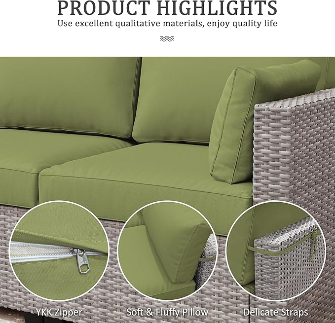 Outdoor Furniture Replacement Cushions, Waterproof Patio Furniture Cushions, 4" Deep Seat Outdoor Sectional Cushion for 3-Seat Outdoors Rattan Sofa Patio Sofa Cushion, Avocado Green