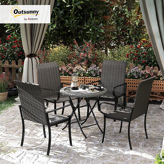Outsunny Set of 4 Outdoor Wicker Dining Chairs, All-Weather Rattan Armchairs with Armrests, Steel Frame, Highback and Deep Seating, for Garden, Patio, Deck, Yard, Poolside, Brown