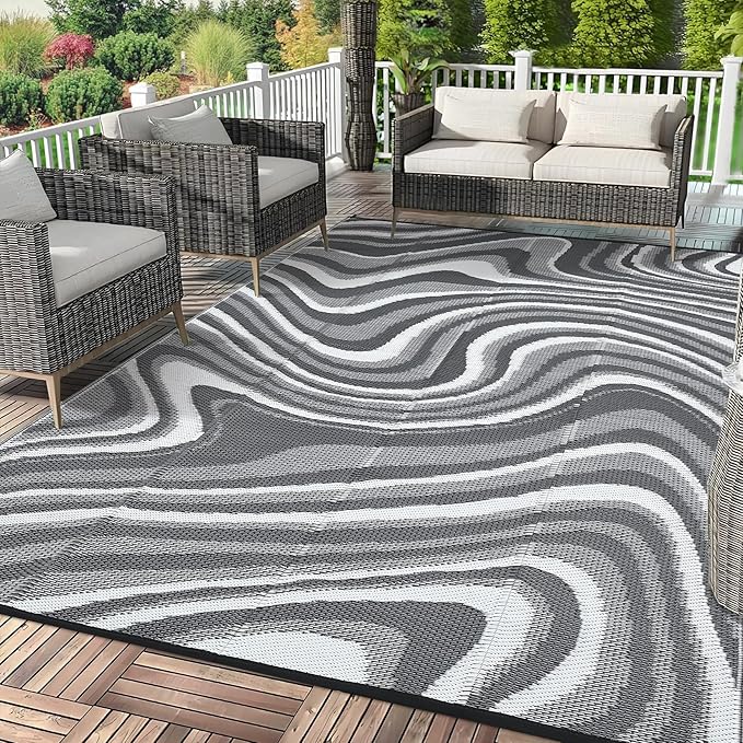10x20 Large Outdoor Patio Rug Modern Abstarct Plastic Straw Outdoor Rugs Waterproof Foldable UV Resistant Camping Reversible Mats for Deck, Porch, Camper, Balcony, Beach, Rv，Black/Grey