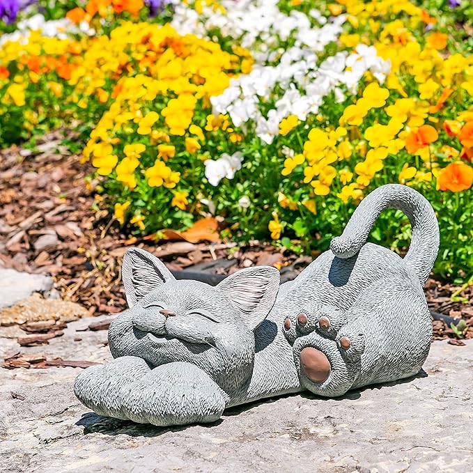 JFSM INC. 12" Whimsical Lounging Grey Cat Garden Statue - Indoor Outdoor Relaxed Zen Cat Sculpture - Garden Decorations for Patio Yard Lawn Porch