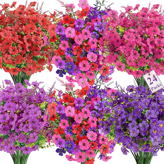 SHareconn 24 Bundles Artificial Flowers for Outdoors Decoration,Faux Plants Fake Silk Colorful Daisy Eucalyptus Lavender,UV Resistant for Outside Home Porch Indoor Spring Decor,RedRosyPurpleDeeppurple