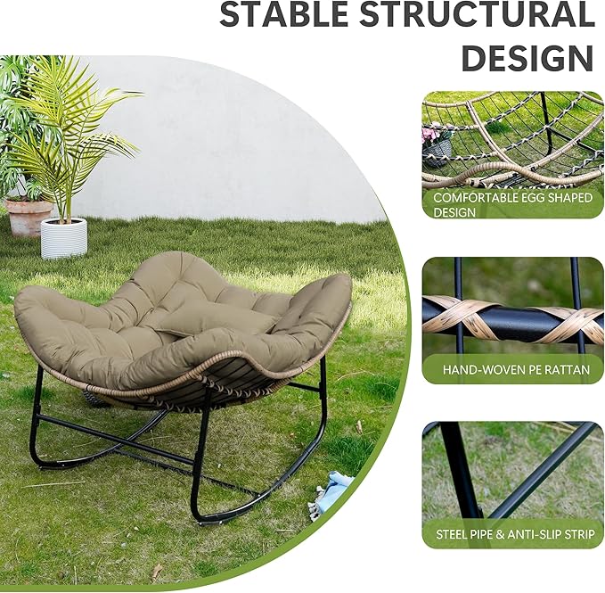Papasan Rocking Chair, Oversized Papasan Chair with Cushion and Frame for Indoor& Outdoor, Deep Seat Egg-Shaped Rocker Chair for Garden, Deck, Living Room, Brown
