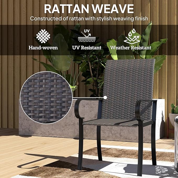 Outsunny Set of 4 Outdoor Wicker Dining Chairs, All-Weather Rattan Armchairs with Armrests, Steel Frame, Highback and Deep Seating, for Garden, Patio, Deck, Yard, Poolside, Brown