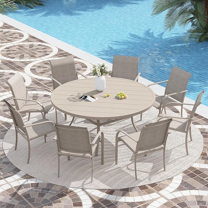 VICLLAX Patio Stackable Dining Chairs Set for 8, Outdoor Sling Chairs with Metal Frame for Front Porch Balcony Backyard Garden and Deck, Sandshell