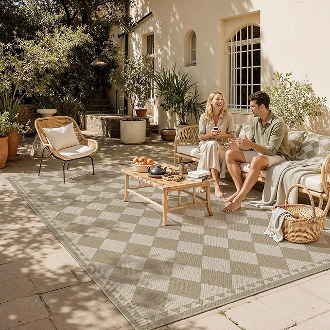 HUGEAR 9x12 Outdoor Rug Brown/Beige Linen-Look Fabric Checkered Area Rug High Traffic Stain Resistant Easy Clean Durable Rugs for Indoor/Outdoor Patio Deck Balcony Porch Garden Courtyard