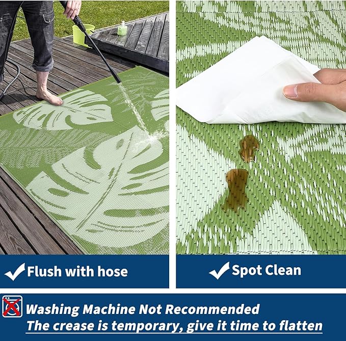 Outdoor Rug 8x10 Waterproof Patio Rugs Modern Leaf Print Reversible Mat for Front Door Rv Foldable Plastic Straw Carpet for Travel Trailers, Deck, Picnic, Porch, Camper, Balcony, Beach，Green