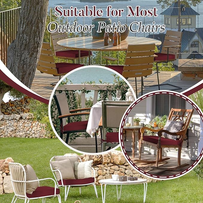 Basic Beyond Outdoor Chair Cushions for Patio Furniture, Waterproof Outdoor Seat Cushions Set of 4 19 x 19, Patio Chair Cushions Set of 4 with Ties and Handle, Burgundy