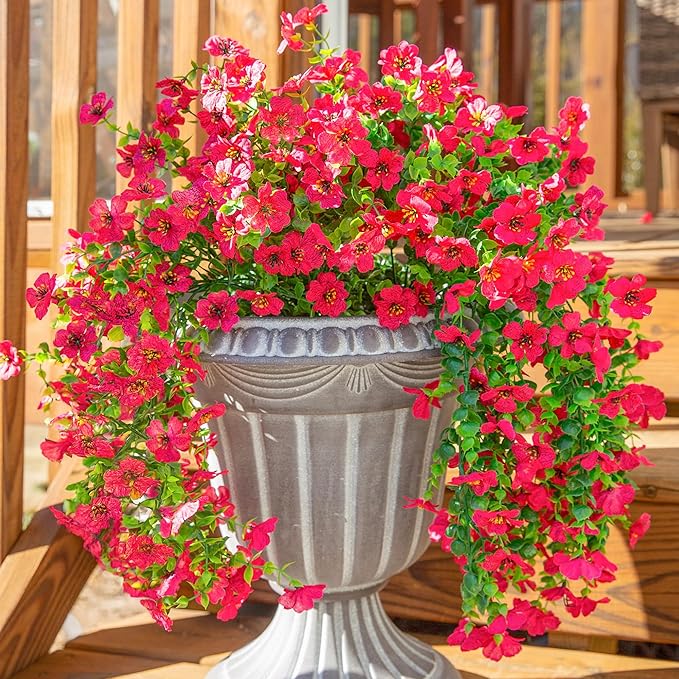 HyeFlora Artificial Flowers for Outdoors Fake Hanging Decoration, 2Pcs Hotpink Spring Decor, Realistic Plants, UV & Fading Resistant Silk Flower for Porch Patio Balcony Planter Yard