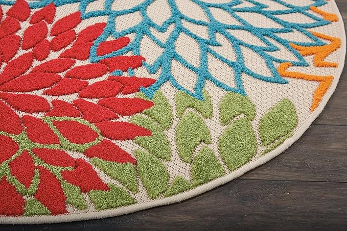 Nourison Home Aloha Indoor/Outdoor Green 5'3'' x Round Area-Rug, Tropical, Botanical, Easy-Cleaning, Non Shedding, Bed Room, Living Room, Dining Room, Deck, Backyard, Patio (5 Round)