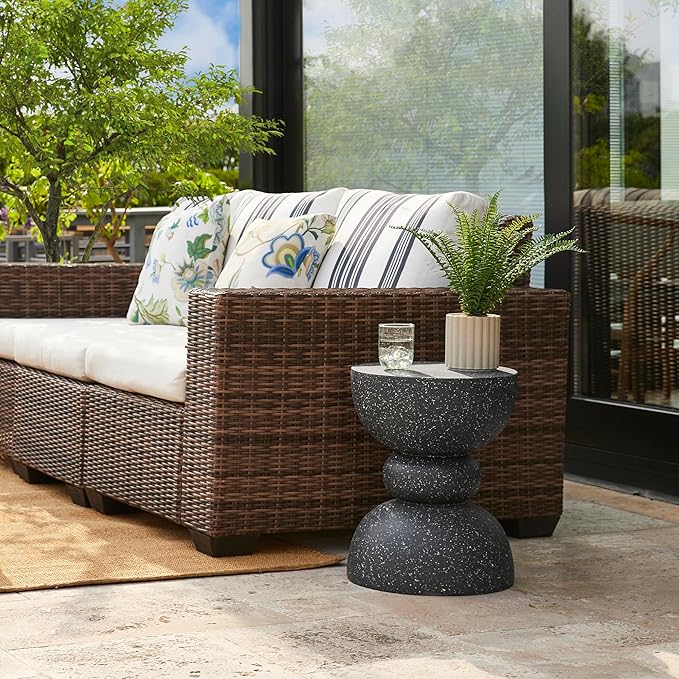 Glitzhome Decorative Patio Side Table Set of 2, 17.5" H Heavy Duty Patio Sturdy Black Faux Terrazzo Garden Stool Side Table Planter Stand for Indoor Covered Outdoor