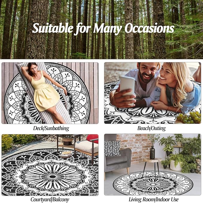 Cekene Round Outdoor Rugs 6Ft Reversible Patio Rugs Lightweight Plastic Straw Rug Portable RV Camping Mat Waterproof Area Rug for Patio Deck Porch Picnic Beach BBQ Garden