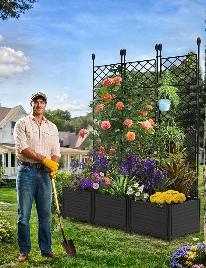 3 PCS Raised Garden Bed with Trellis, 48"LX16"WX63"H Plastic Planter Box for Climbing Plants, Outdoor Vertical Garden with Privacy Screen for Patio, Balcony, Backyard – Sturdy & Lightweight